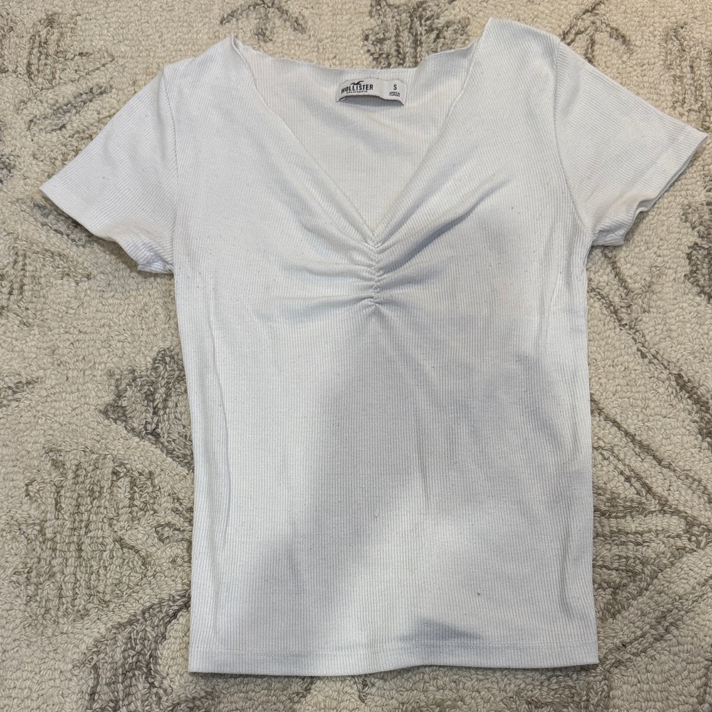 Hollister White V-Neck Ruched Tee